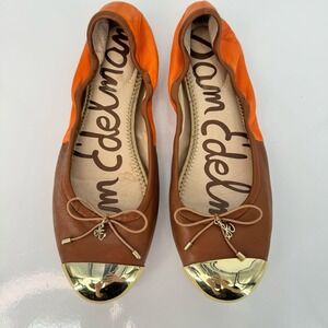 Sam Edelman Fairleigh Orange Brown Gold Cap Toe Leather Flats Sz 9.5 Modern